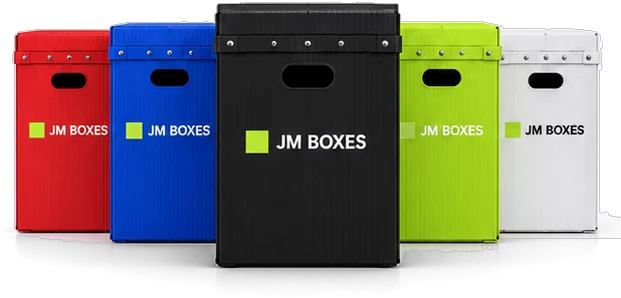JM Boxes cases in red, blue, black, volt and white