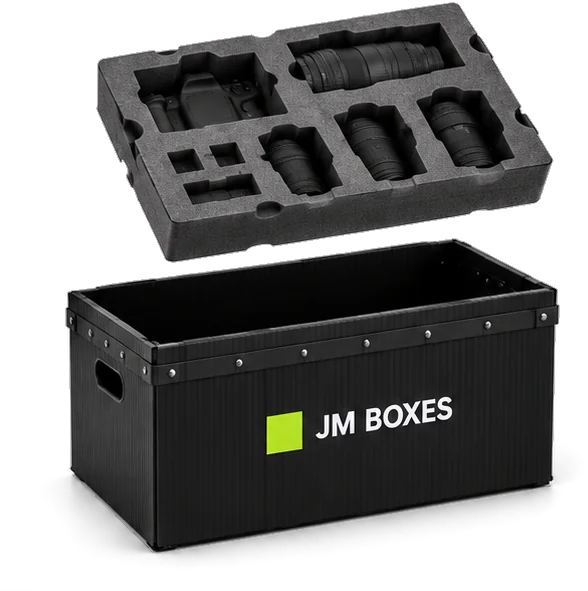 JM Boxes case with a CNC-cut foam insert for camera bodies and lenses
