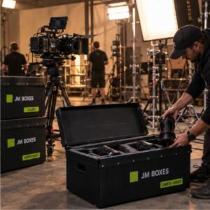 Camera tech pulling cine lenses from a JM Boxes case with custom foam on a film set