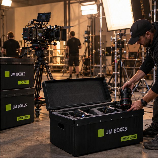 JM Boxes lens case on a film set