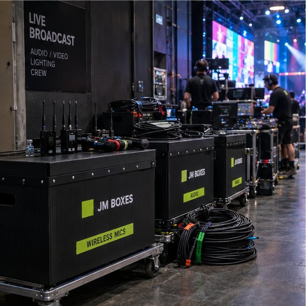JM Boxes cases labeled wireless mics and audio backstage at a live broadcast